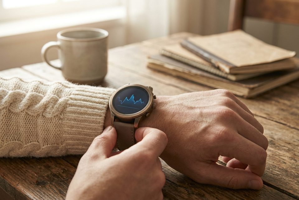 Smartwatch op een pols met een abstract grafiekje op het scherm