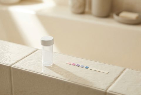 Plastic vial van teststrips met een losse strip ernaast