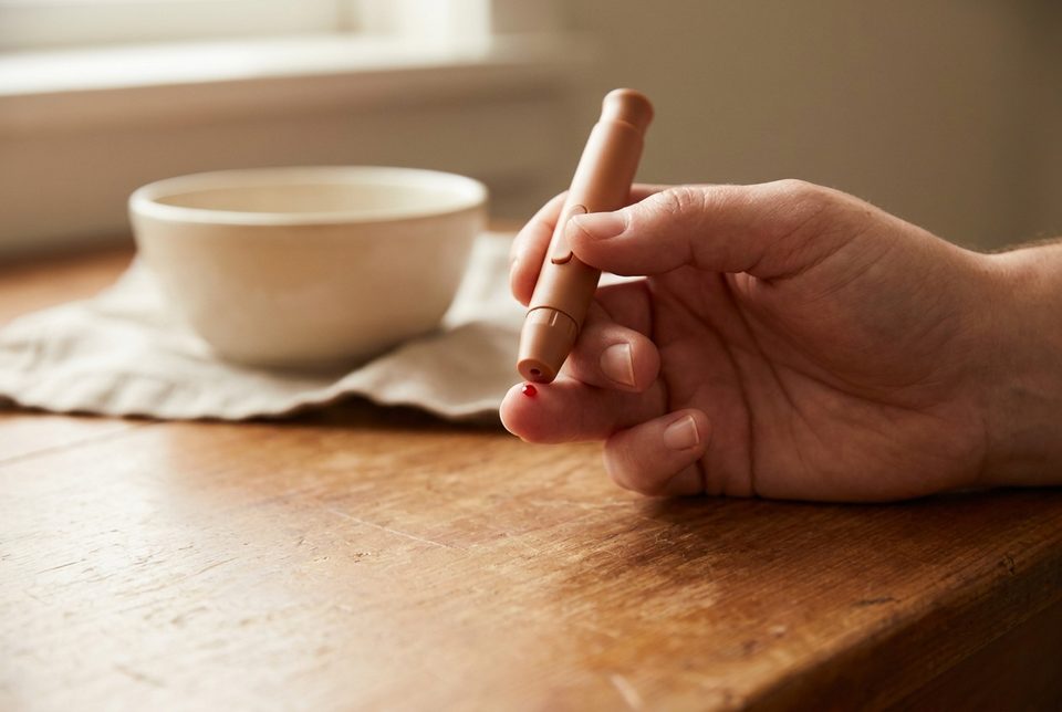 Close-up van een vinger met een druppel bloed na een vingerprik