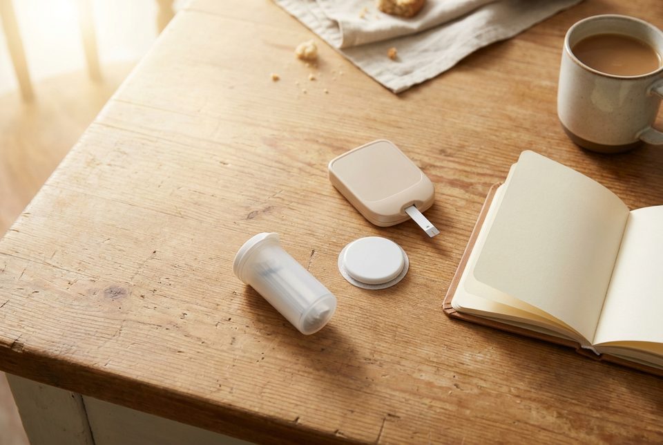Drie verschillende glucose-meet-apparaten naast elkaar op een houten keukentafel met een notitieboek en koffiekop